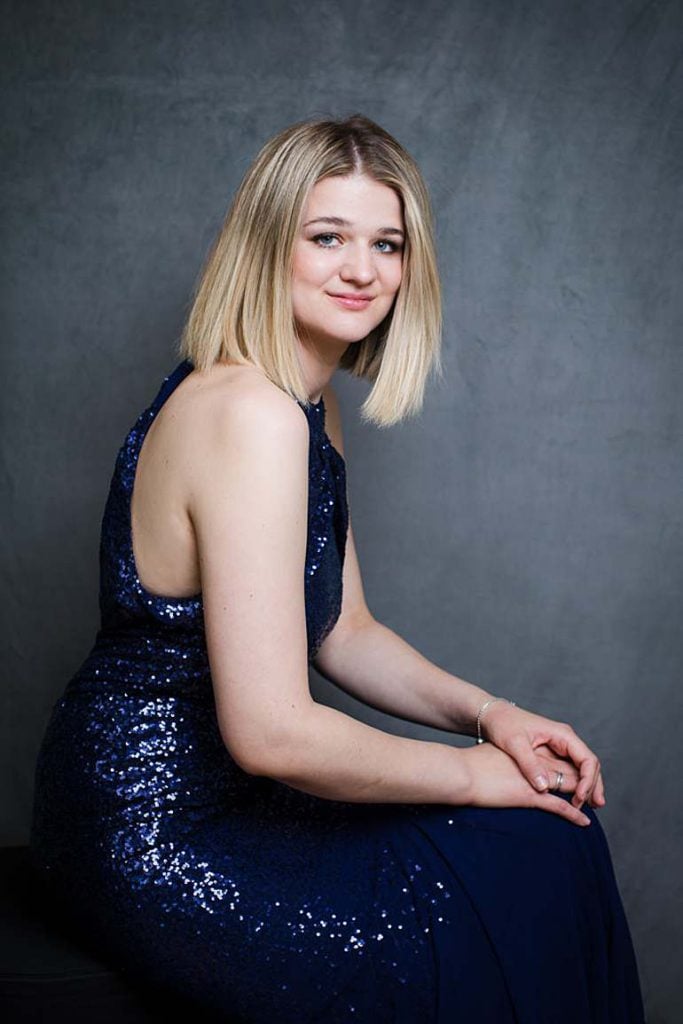blonde-hair-woman-in-navy-blue-glittery-halter-neck-evening-dress-highgate-glamour-portrait-studio