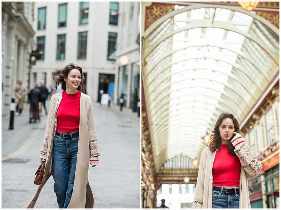 Woman in casual-chic outfit walking outdoors and posing under the glass ceiling of Leadenhall Market