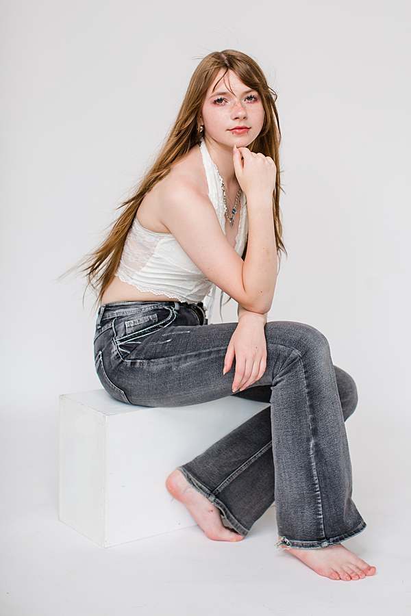 Teenage daughter birthday photoshoot London studio in white top and jeans