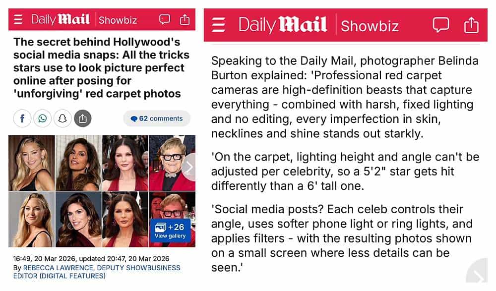 Belinda Burton quoted in the Daily Mail explaining how harsh red carpet lighting affects celebrity photos compared with flattering portrait lighting